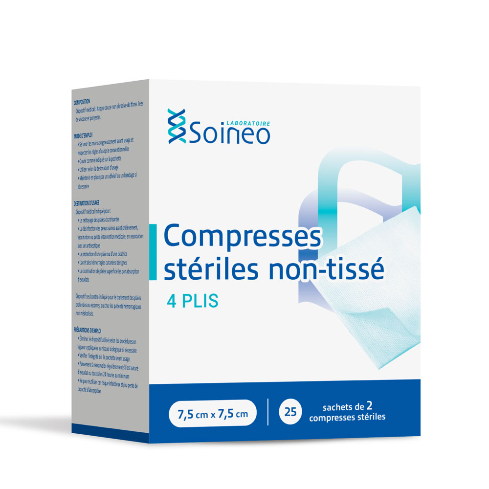 Soineo Sterile non-woven bandages 7.5x7.5cm x25 packs of 2 compresses