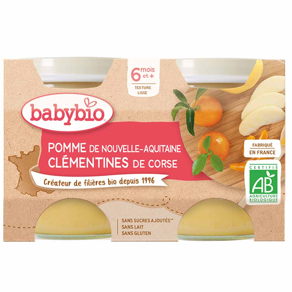 Babybio Apple and Clementine fruit jars from 6 months 2x130g