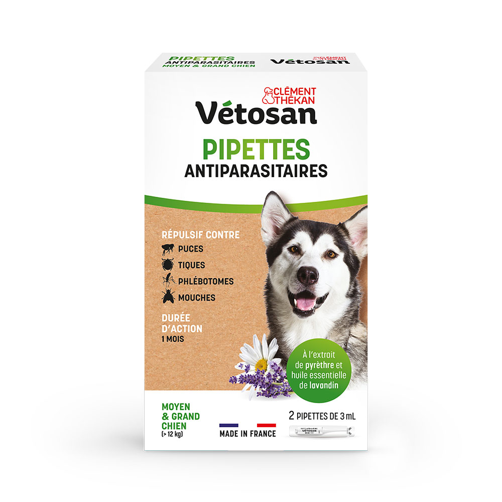 Clement-Thekan Vétosan Flea &amp; Tick Control Medium &amp; Large Dogs 2 Pipettes Chien Moyen et Grand Chien 3ml