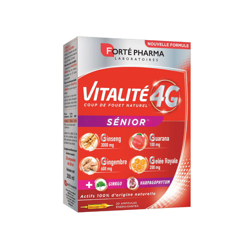 Forté Pharma Vitalité 4G Natural Energy Boost for Seniors with Ginseng, Ginger and Ginkgo 20 ampulas