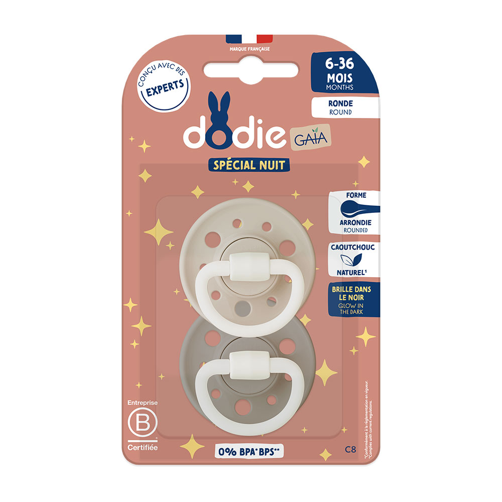 Dodie Gaia Anatomical round night soothers suitable from 6 to 36 months 2 x