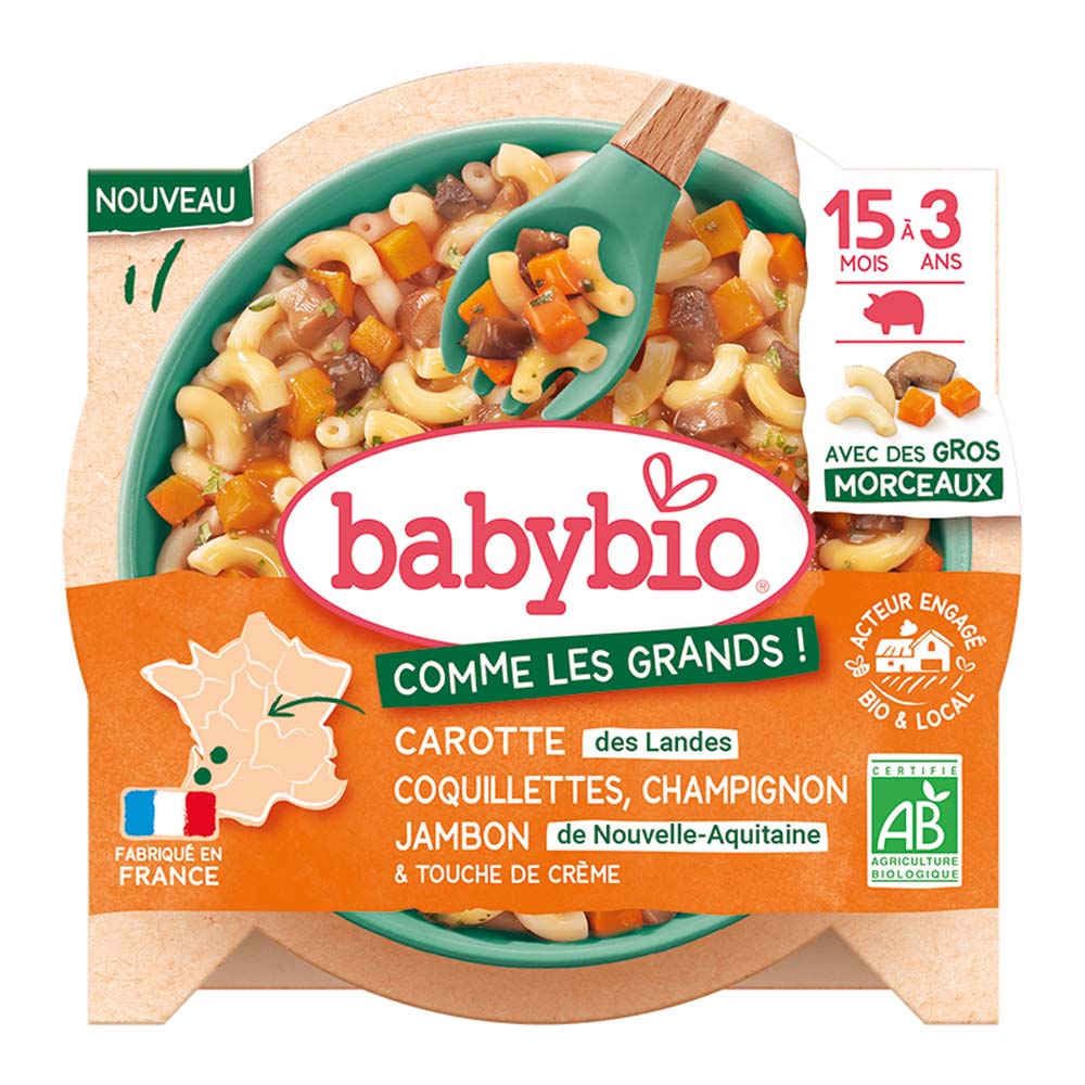 Babybio Menus Carrots from Landes, pasta shells, mushroom and ham with chunky pieces 200 g