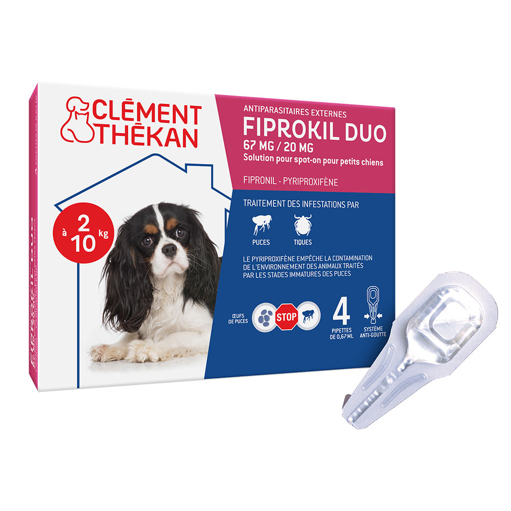 Clement-Thekan Fiprokil FIprokil Duo Flea &amp; Tick Control Dog 2-10kg 4 Pipettes Chien 2-10kg 0.67ml x4 pipettes