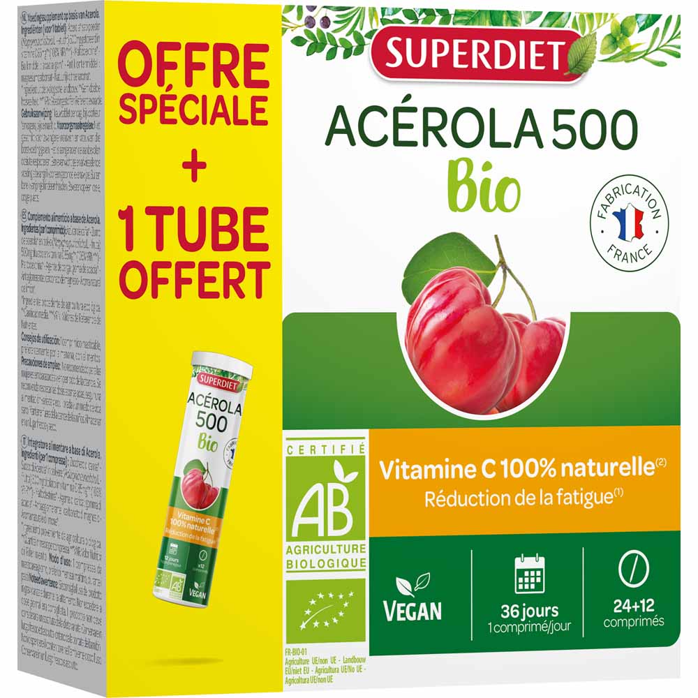 Superdiet Acerola 500 Bio A Croquer 24+12 Comprimes