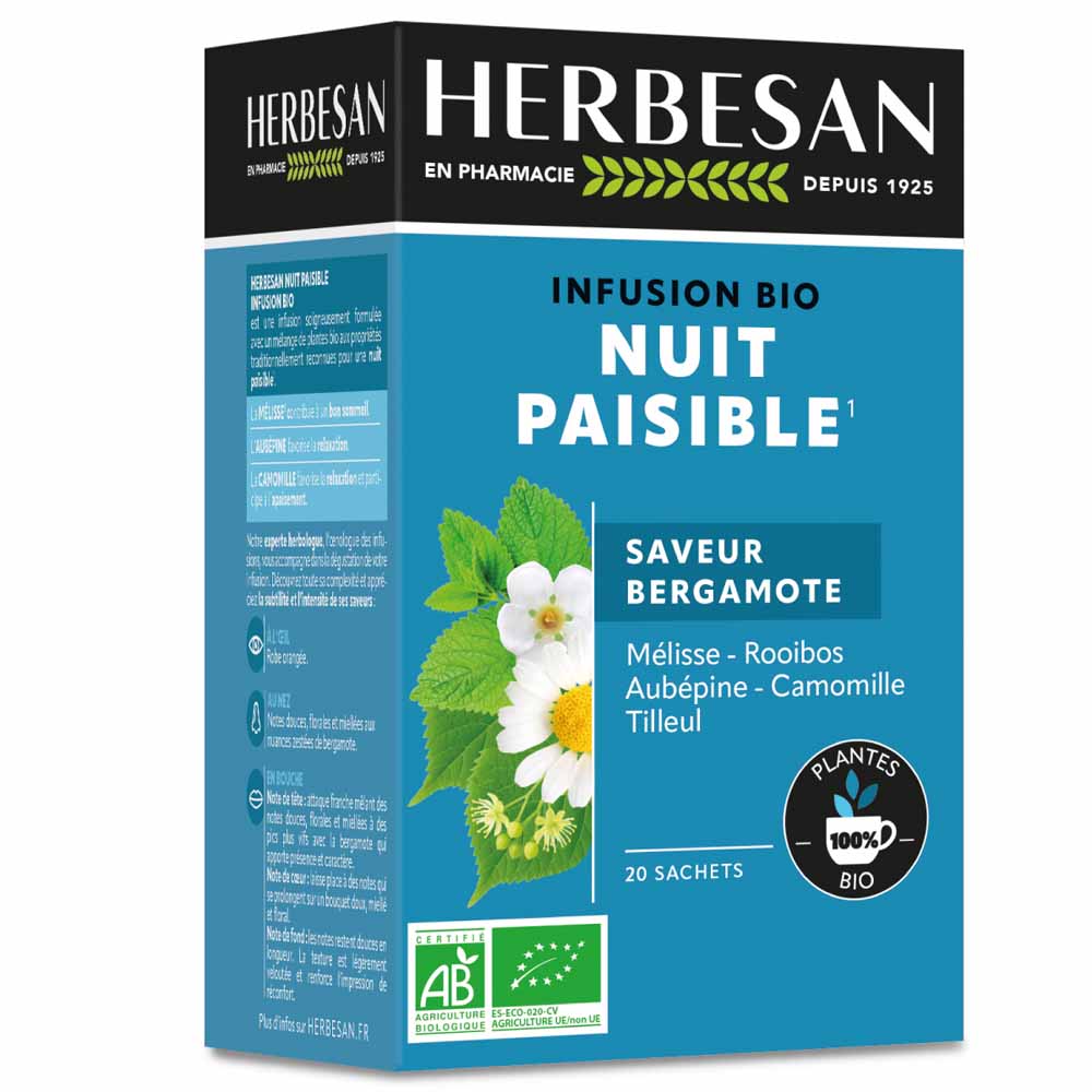Herbesan Organic Chamomile Peaceful Night Infusion Saveur Bergamote 20 bags