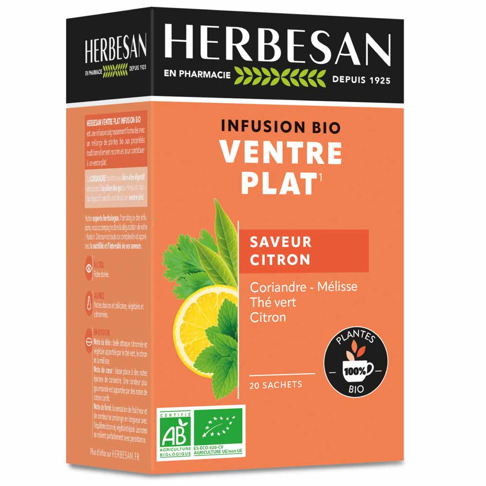 Herbesan Organic Coriander Flat Stomach Infusion Lemon Flavor Saveur Citron 20 bags