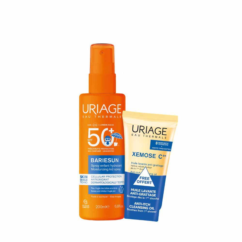 Uriage Bariésun Hydrating and soothing child spray and Xemose C+ anti-scratch cleansing oil