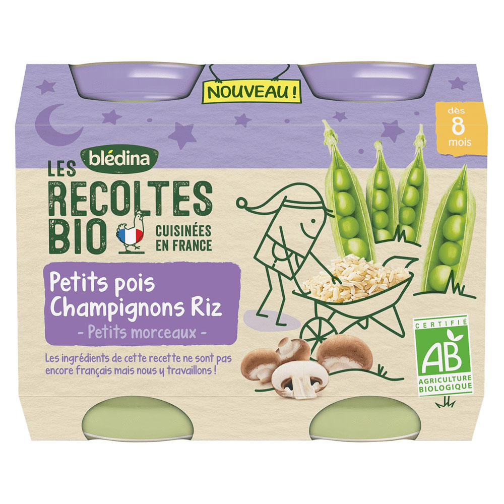 Blédina Bébé Night Petit Pois Champignons Riz Bio 2x200g Les Recoltes Bio From 8 months Bledina